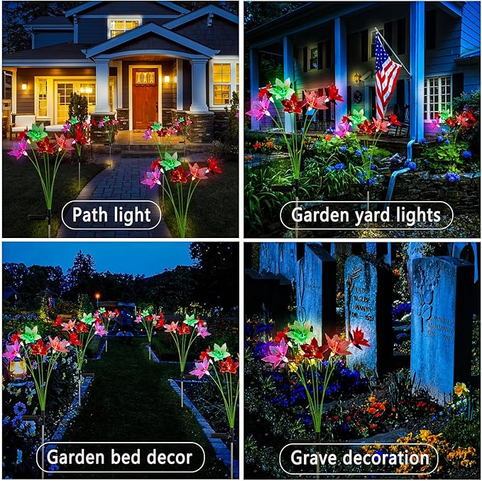 Solar Garden Lights, 2 Pack New Upgraded Solar Swaying Lights with 12 Flowers Solar Lights for Outside Garden Yard Decor Outdoor Waterproof, Gardening Birthday Gifts for Women Mom Grandma, White & Red