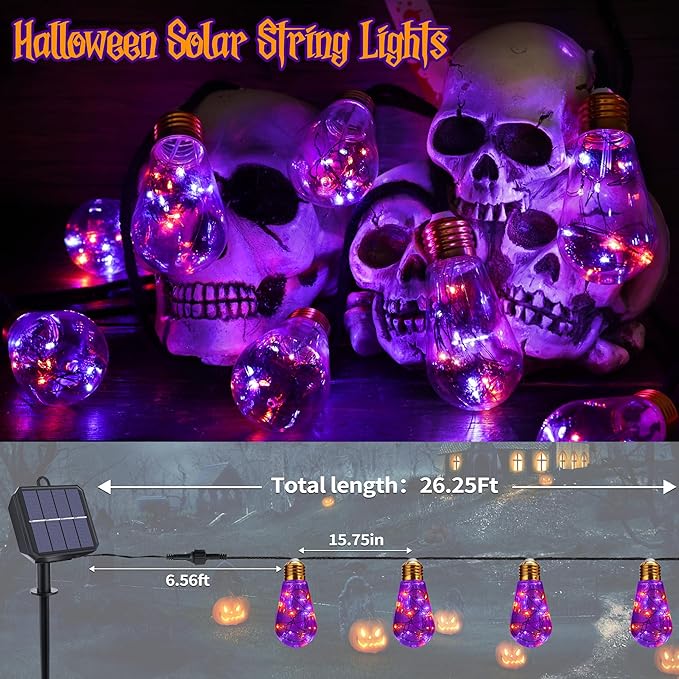 Orange & Purple Solar Halloween Lights Outdoor, 20Ft Black Hemp Rope Halloween String Lights, Waterproof Orange Purple Lights with 8 Modes 16 Shatterproof Bulbs for Patio, Yard, Party, Halloween Decor
