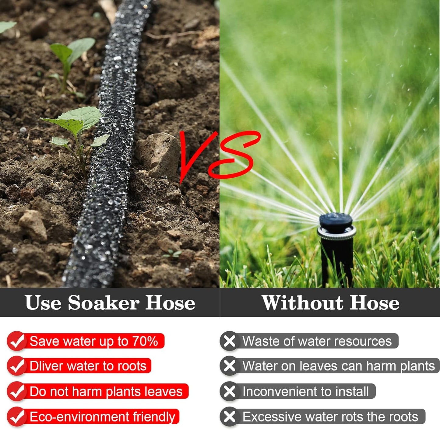 Soaker Hose 150 FT Pro for Garden Beds 1/2 Inch Rubber Longer Lasting Drip Irrigation Save 70% of Water Various Accessories Great for Lawn and Yard