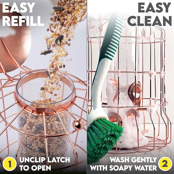 Squirrel Proof Bird Feeder for Outdoors Hanging (Metal Rose Gold) Bird Feeder with 4 Ports, Chew-Proof & Weather Resistant, Backyard Gift (10.25 x 6.25 x 6.25 inches)