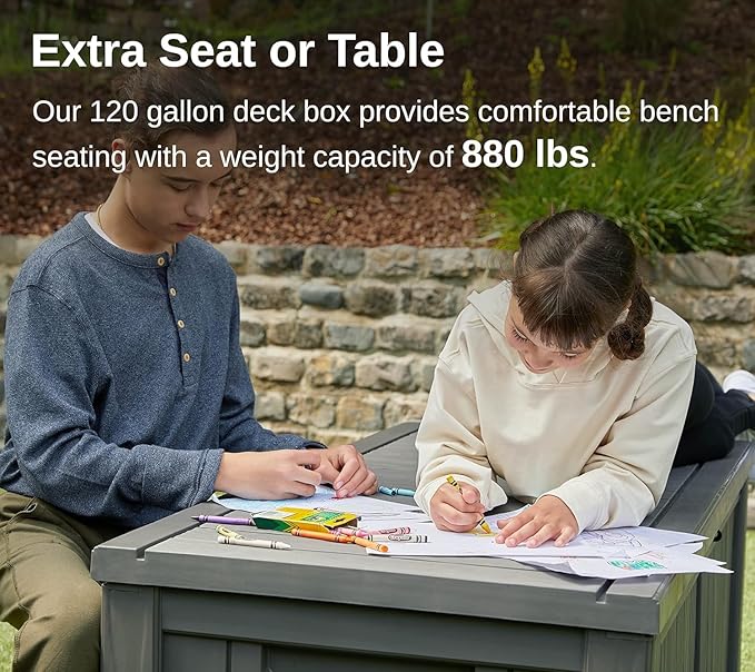 EAST OAK Outdoor Storage Box, 120 Gallon Deck Box with Stainless Steel Rods Large Resin Storage Bin for Patio Cushions, Garden Tools, Waterproof and UV Resistant, Lockable, Grey