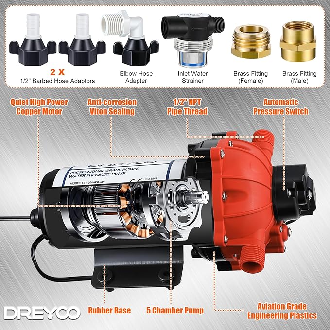 Dreyoo Water Diaphragm Pump, 115V AC, 5.5 GPM, 60 PSI Rated Pressure, 1/2" Threaded MNPT Self Priming Diaphragm Pressure Pump with Pressure Switch for Home, RV, Garden Agricultural Irrigation (Orange)