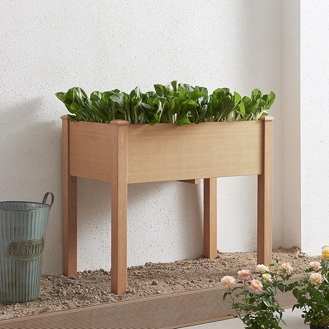 Psilvam Raised Garden Bed with Legs, Poly Lumber Raised Planter Box, Outdoor Elevated Garden Bed Suit for Backyard, Patio, Balcony 34" D x 18" W x 30" H（Teak Color）