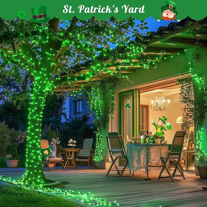 JMEXSUSS 2 Pack Green Solar Fairy Lights, Each 33ft 100 LED Green Solar Lights Outdoor, Waterproof St Patricks Day String Lights for Outside Patio Garden Party Tree Decorations