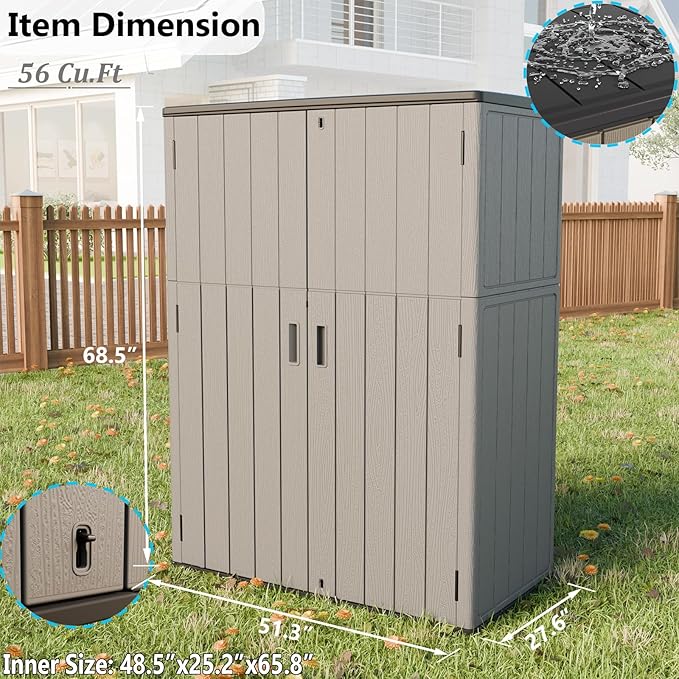 HOMSPARK Outdoor Storage Shed Weather Resistance, Patio Storage Cabinet Lockable Resin Tool Shed for Storage of Bike, Trash Cans, Garden Tools (Shallow Coffee, 66 Cu.ft)