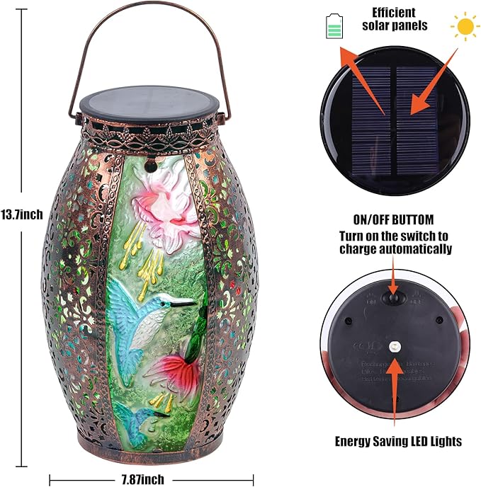 Solar Lanterns Outdoor Hanging Light - Solar Powered Hummingbird Glass LED Lights Decorative Waterproof Tabletop Lamp with Hollowed-Out Design for Indoor Yard Table Patio Garden Pathway Holiday