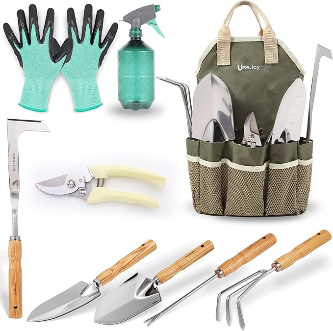 Gardening Tools Set of 9 Garden Hand Tools with Wooden Handles with Garden Bag for Tools Durable Hand Tools for Gardening,Weeding,Ideal Gifts for Women,Men,Parents and Grandparents