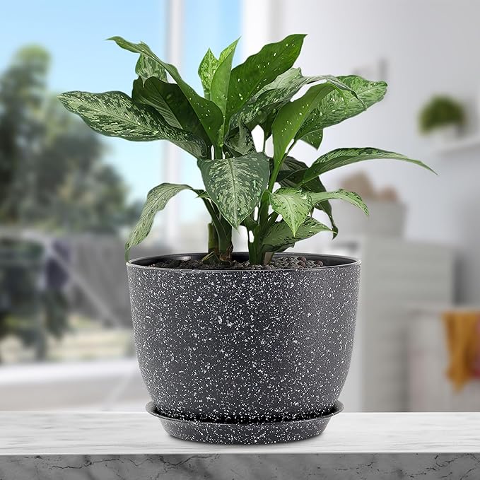 12 inch Big Plant Pots, Plastic Planters with Drainage Holes and Trays, Large Flower Pots for Indoor Outdoor Plants, Modern Decorative Pots for Garden House Plants, Speckled Black