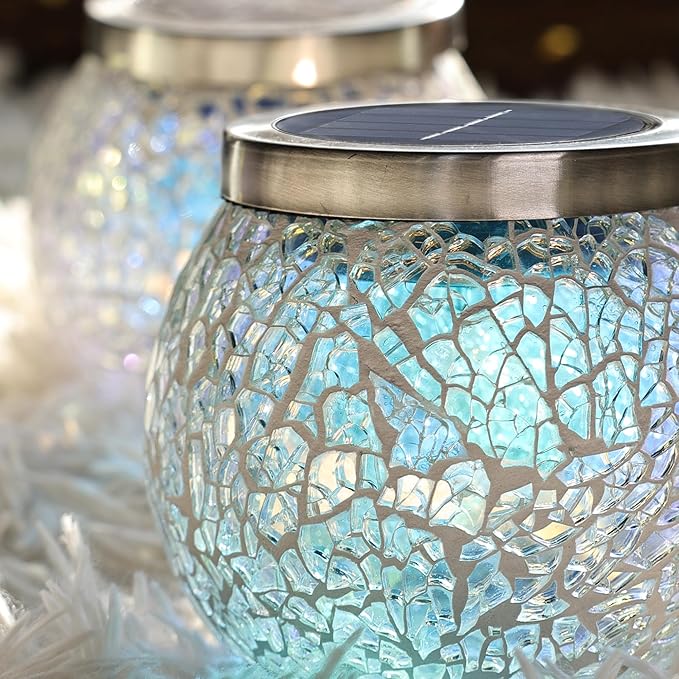 Cooo Heavy Solar Mosaic Crackle Glass Light with Dual Solar Panels, Color-Changing RGB Light, Exclusive Dazzling Glass, Waterproof Outdoor Tabletop Garden Light Landscape Path Light 2 Pack