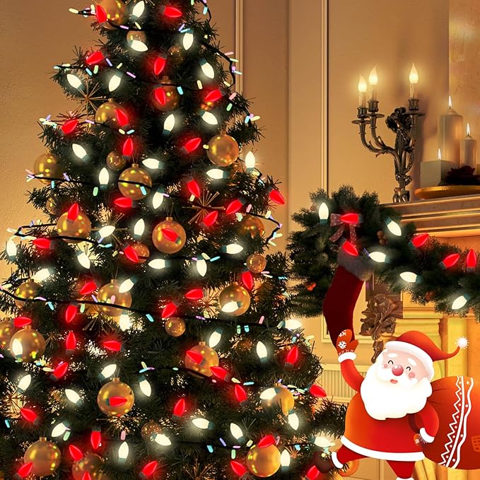 Red White LED Christmas Lights 25FT - Vintage C9 Outdoor String with 26 Bulbs, Extendable Commercial Holiday Decor for Roofline, Patio, Backyard & Parties