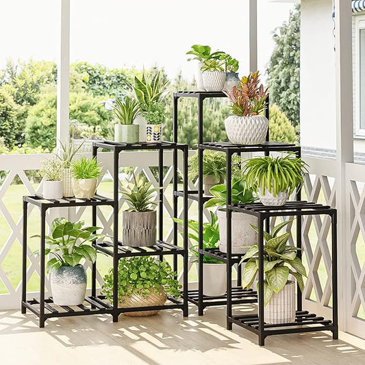 Bamworld Outdoor Plant Stand Indoor Black Corner Shelf 5-Tier 11 Potted Flower Shelves Wooden Garden Wood Plant Holder Rack for Living Room Lawn Window