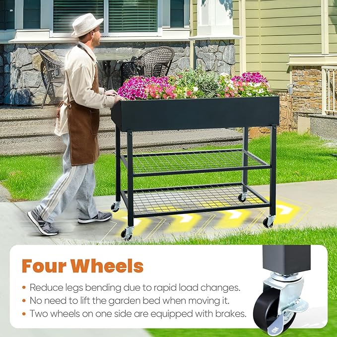 KING BIRD Raised Garden Bed with Legs & Double-Layer Storage Shelf, Galvanized Elevated Planter Box with Lockable Wheels for Backyard, Patio, Balcony, 400lb Capacity, Black, 48x24x38 in