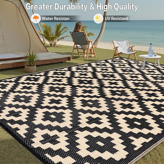 Outdoor Plastic Straw Rug, Waterproof Mat, Washable Large Floor Mat and Rug for Outdoors, RV, Beach, Patio, Camping, Backyard, Deck, Picnic, Indoor Outside (8x10ft,Geometry/Black&Beige)