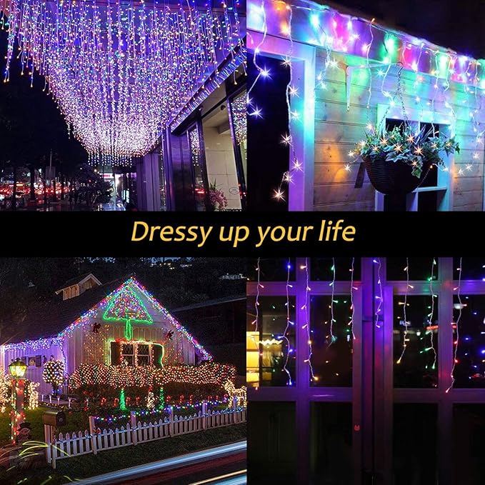 JMEXSUSS Icicle Christmas Lights, 200 LED Multicolor Indoor Outdoor Waterproof, 8 Modes Decorations for Xmas Roof Party Holiday
