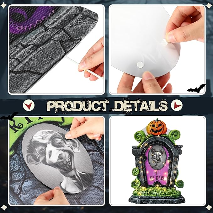 Hiboom 6 Set Large Halloween 3D Changing Face Rip Graveyard Tombstones and 23.6x15.7 Inch Halloween Skeleton Headstone 6 Pcs LED String Lights Halloween Decoration for Yard Garden Lawn