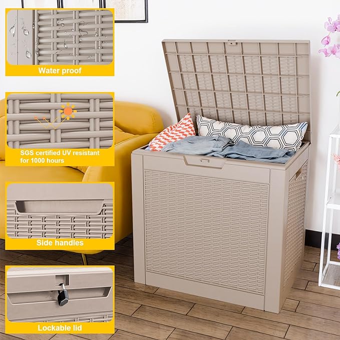 31 Gallon Outdoor Deck Box,Storage Lockable Waterproof Patio Furniture,Garden Tools,Cushions,Pool Accessories Outside Storage Resin Box(Grey)
