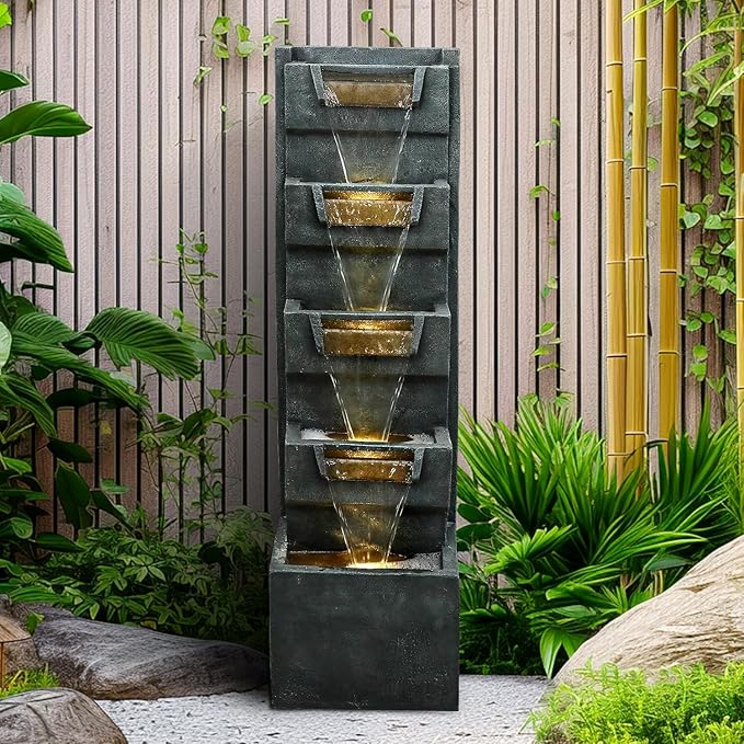 SunJet 4-Tiers Modern Cascading Indoor/Outdoor Fountains and Waterfalls with LED Lights - 39.3" High Large Water Fountain for Garden, Patio, Yard, and Deck Decor - Relaxing Water Fountain Outdoor