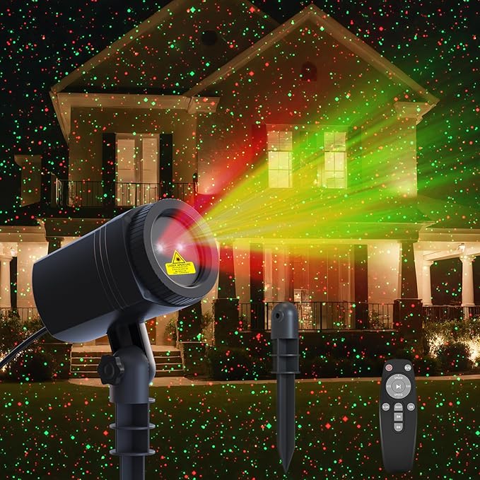 Christmas Projector Lights Outdoor, Firefly Show Decorations, Red and Green Stars Holiday Lights, Waterproof Remote Timer, Garden Indoor Wedding Home Party Gift