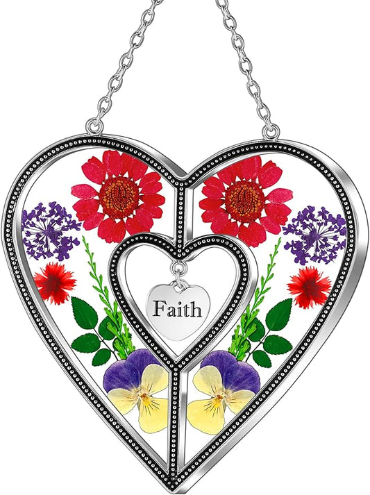 KY&BOSAM Heart Suncatcher Faith Stained Glass Hangings for Windows Sun Catchers Birthday Gifts for Women Real Flower Glass & Metal Maker for Christmas Tree Wedding Party Patio Home Garden Decor