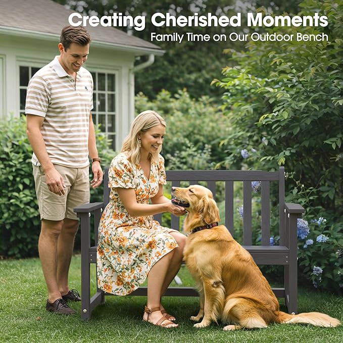 Ciokea 44" Outdoor Bench, HDPE Weatherproof Garden Bench, 2-Person Porch Benches with 550 Lbs, Waterproof Patio Benches for Outside Balcony Deck Backyard, Dark Grey