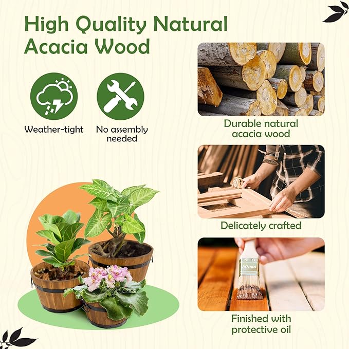 IDZO Set of 3 Wooden Flower Boxes Outdoor, Durable Acacia Wood Barrel Planters for Outdoor Plants with Ergonomic Handles, Drainage Holes, Multiple Sizes Wood Bucket Planter Light Brown