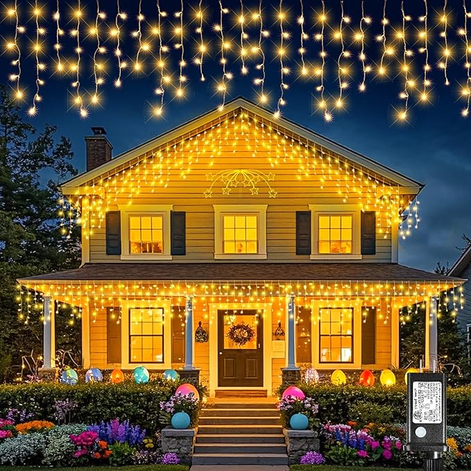 Icicle Lights for Outside, 33FT 400 LED Christmas Lights Outdoor Indoor with 8 Modes Waterproof, Connectable Plug in String Hanging Light for House Roof Yard Wedding Holiday Decor, Warm White