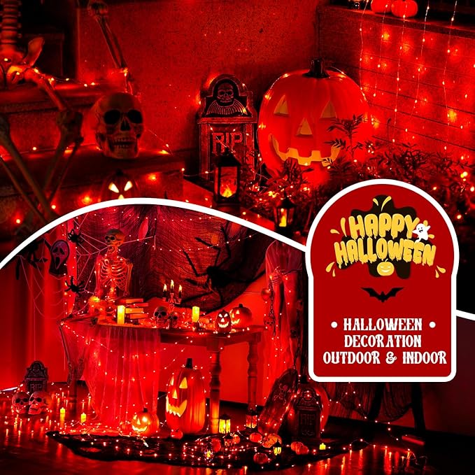 JMEXSUSS 66ft 200 LED Red Solar Halloween Lights, 2 Pack Solar Fairy Lights Outdoor Waterproof, 8 Modes Solar String Lights for Outside Garden Christmas Tree Party Halloween Decorations
