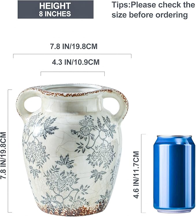 Enra Vintage vase with Handle,Blue and White Ceramic Decorative Flower vase, Chinoiserie Floral Vase,Large Rustic Vases for Home Decors, Living Room, Bookshelf, Office,7.8 in