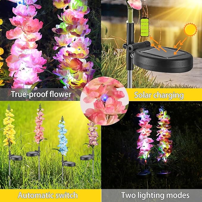 Solar Delphinium Flowers Lights Waterproof Color Lights Upgraded Solar Panel 2 Light Modes Solar Waterproof LED Solar Lights Outdoor for Yard Garden Lawn Pathway Decoration (2)