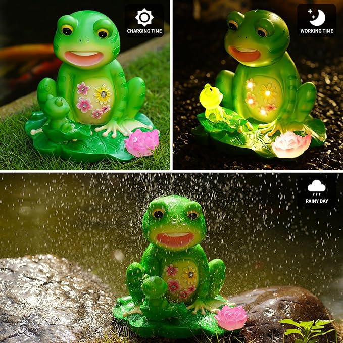 Upgraded Size Solar Garden Outdoor Statues Frog Mother and Little Frog with 6 LED Solar Figurine for Lawn,Patio, Balcony, Yard Decor Unique Gift, for Mom, Grandma,Father,Woman