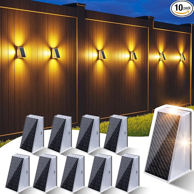 KINKAI Solar Fence Lights - 10 Pack Outdoor Fence Lights Solar Step Light Waterproof with 11 Lighting Modes Outdoor Solar Lights Decor for Wall Stairs Step Garden Backyard Walkway Patio(Warm Light)