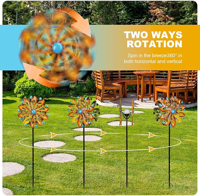 Wind Spinners for Yard and Garden-Wind Sculptures & Spinners 75 in Garden Kinetic Art with Solar Powered Multi-Color Glass Ball Light for Yard Garden Backyard Lawn Decorations