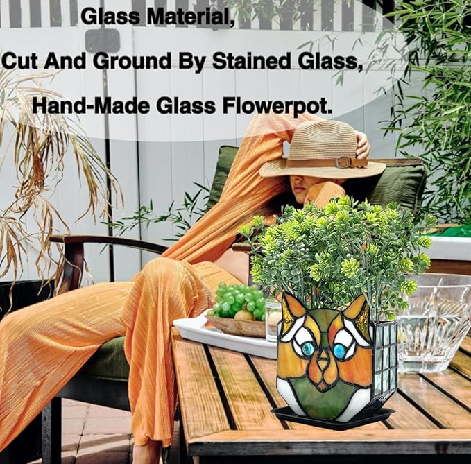 Cat Flower Pots for Indoor Plants,Stained Glass Cat Plant Displays,Cat Succulent Planter,Candle Holder Container Decoration,4.6x5.15x2.3 in (Without Succulents)