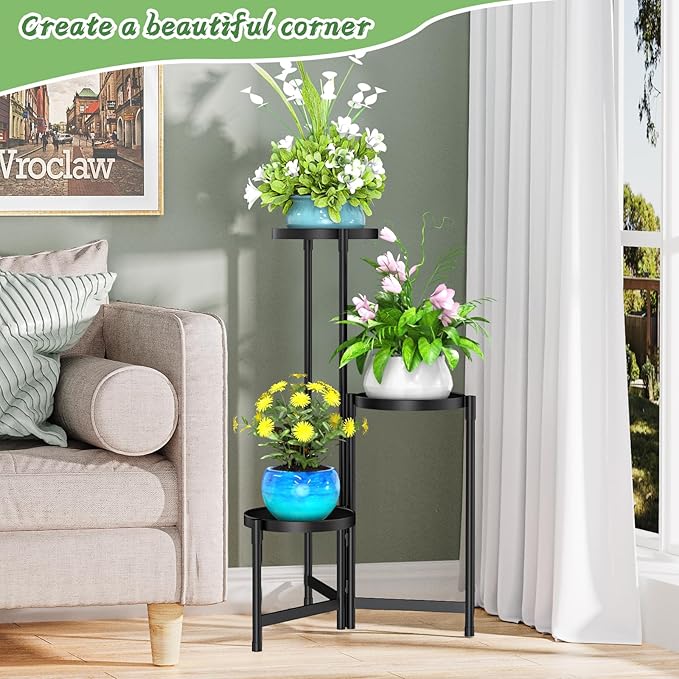MOKANI Metal Plant Stand Indoor Outdoor for Multiple Plants, 3 Tiered Folding Corner Shelf Tall Flower Pot Holder Display Rack for Patio Living Room Balcony Garden, Black