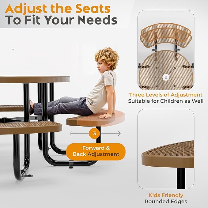 Metal Picnic Tables for Outdoors with Umbrella Hole - Coated Steel Heavy Duty Commercial Grade Table with Adjustable Seats (Brown, 38 in, Round, Expanded Steel)