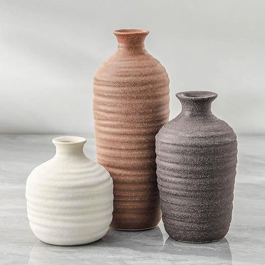 Ceramic Vase Set of 3 Neutral Decorative Vase for Farmhouse, Boho, or Rustic Home Decor Pottery Vases for Pampas Grass Living Room Bedroom Table Mantel Entryway Shelf (01-Brown)
