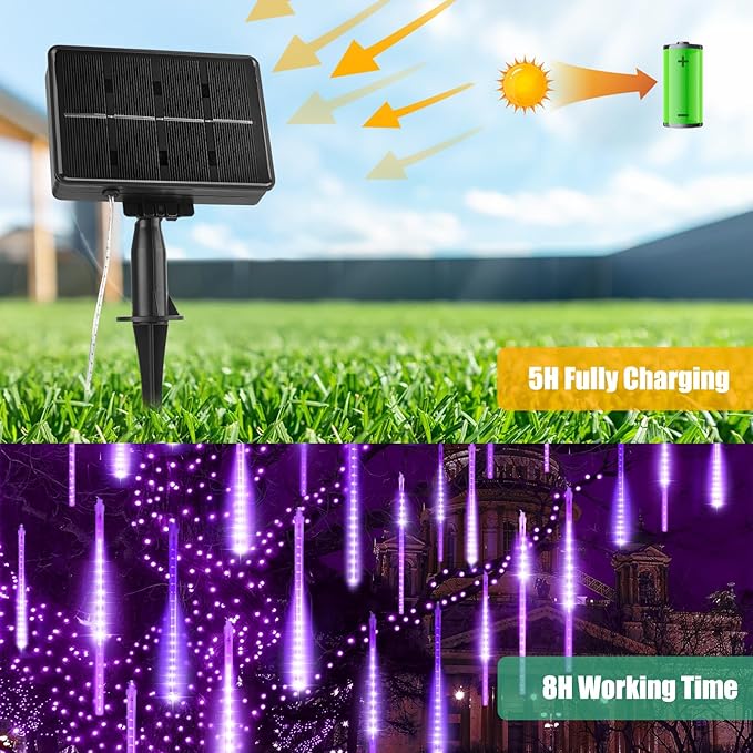 Purple Solar Christmas Lights, 576 LED Solar Meteor Shower Lights with 16 Tubes, Icicle Fairy String Lights for Christmas Decorations Tree Party Yard, Purple