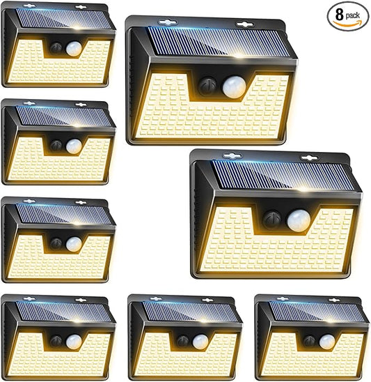 Peasur Solar Lights Outdoor Waterproof [8 Pack/140LED], Warm White Motion Sensor Light Ultra-Bright, 3 Modes Solar Fence Security Lighting for Wall Garden Yard Garage Patio
