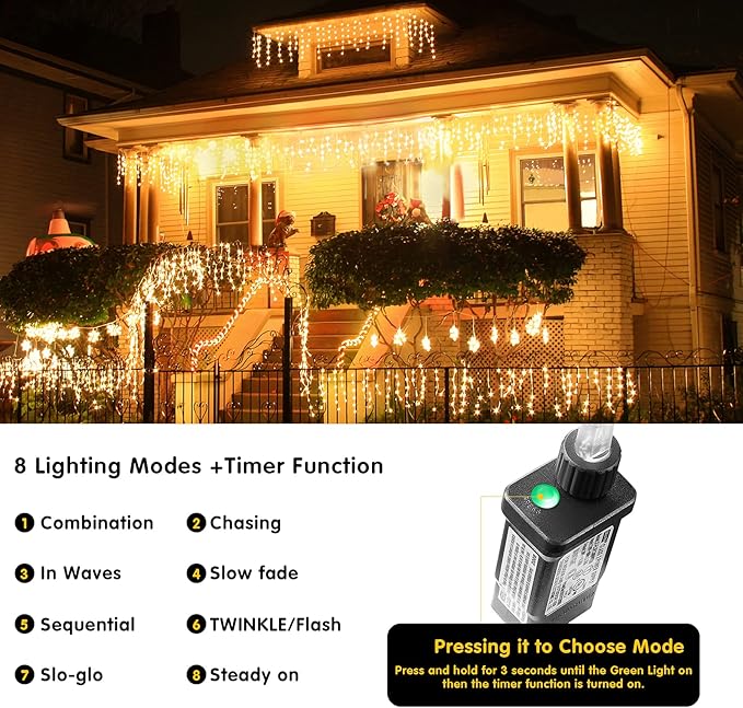 Led Christmas Lights Outdoor Christmas Decorations Hanging Lights 400LED 8 Modes 75 Drops, Waterproof Outdoor Indoor Fairy Christmas Lights for Party, Holiday, Wedding Decorations (Warm Light)