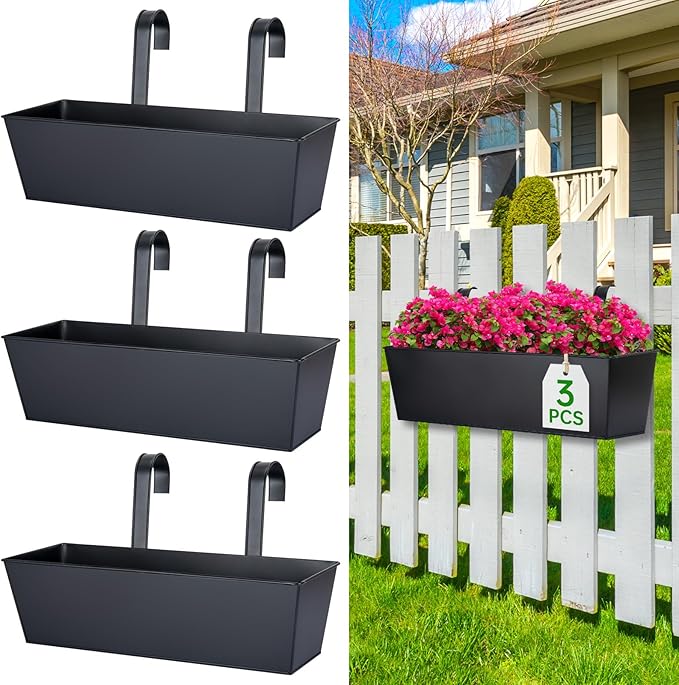 OGIMA 16-Inch Railing Planter Box, 3 Pack Large Hanging Planters for Outdoor Plants with Adjustable Wide Hooks for 2.7'' Railings - Balcony Planters Railing Hanging for Deck, Fence & Patio Decor