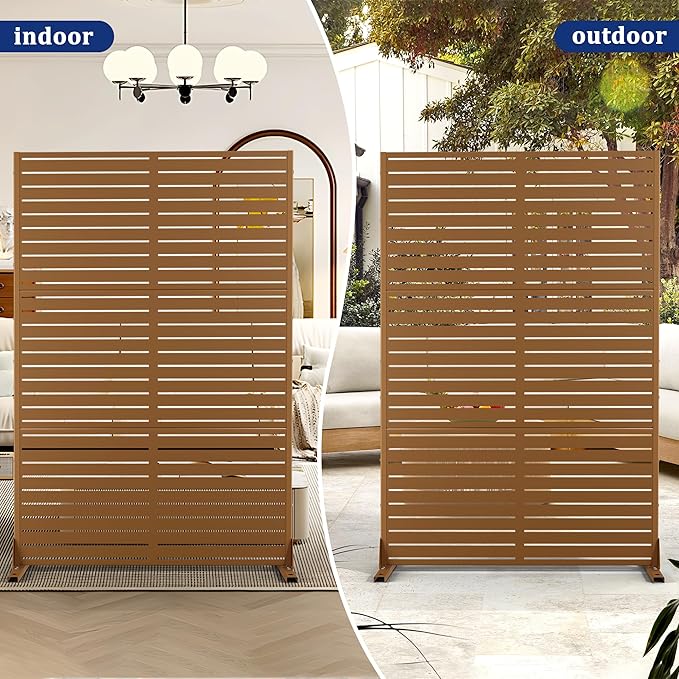 FENCY Outdoor Privacy Screen, 72" H×47" W Metal Privacy Screen, Outdoor Freestanding Privacy Screen & Panels for Deck Patio Balcony(Brown-Louvered)