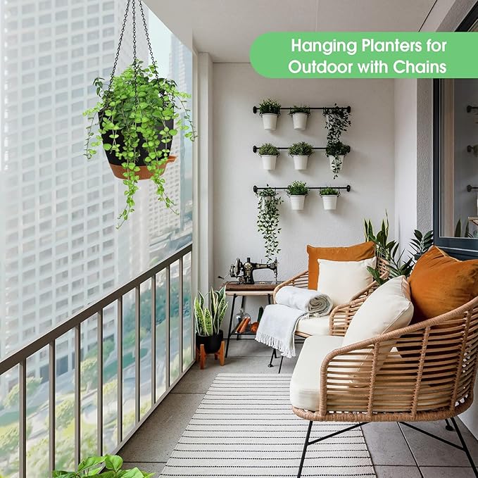 Hanging Planters for Indoor Outdoor Plants, 2 Pack Self Watering Hanging Pots, Hanging Plant Baskets with Drainage Holes & 2 Types of Plant Hangers (Black, 6'')