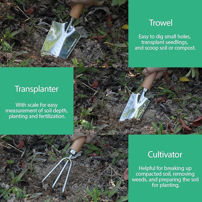 LeMotech Garden Tool Set, 3Pcs Stainless Steel Heavy Duty Gardening Kit Including Trowel Transplanter Cultivator Gardening Hand Tools with Beech Handle, Planting Tool for Women Men