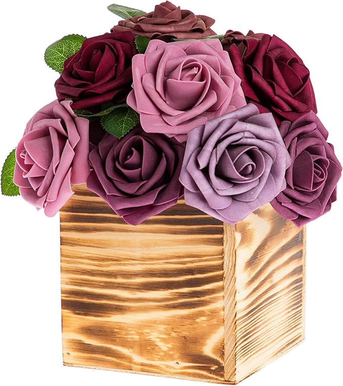 Wooden Planter Box, Rustic Burned Wood/Whitewash with Plastic Liner l Garden Decor l Restaurant and Wedding Decorations l Wood Box (5x5 Set of 4, Burned Wood)