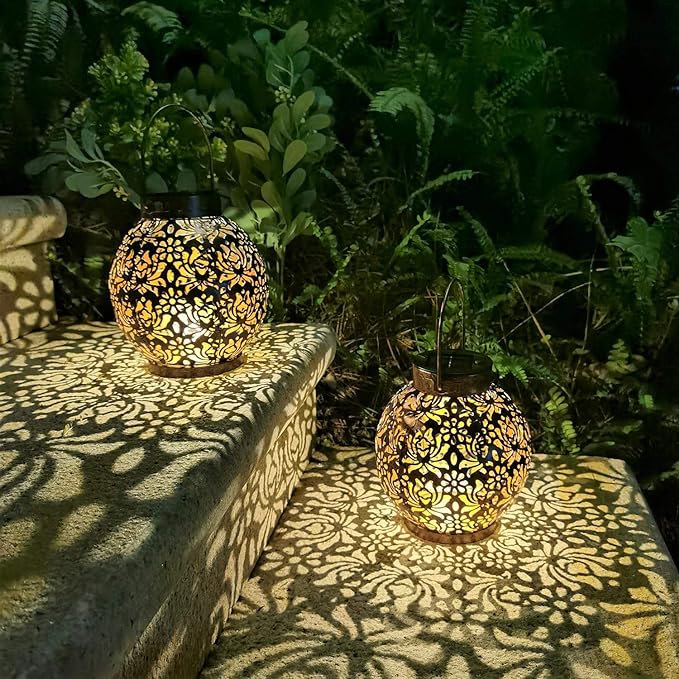 2 Pack Outdoor Solar Hanging Lantern Light LED Decorative Christmas Light for Garden Patio Courtyard Lawn and Tabletop with Hollowed-Out Design. Unique Gardening Gifts for Women.