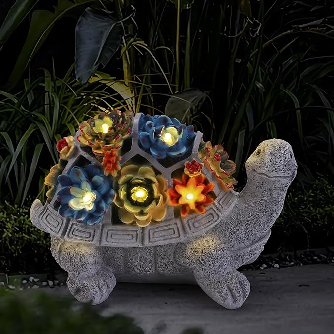 Solar Garden Statues Turtle with Succulent and 6 LED Lights, 9.1" L x 5.7" W x 6.7" H Outdoor Solar Decor, Turtle Garden Figurines for Lawn, Balcony, Yard Decoration, Gifts for Mom Wife