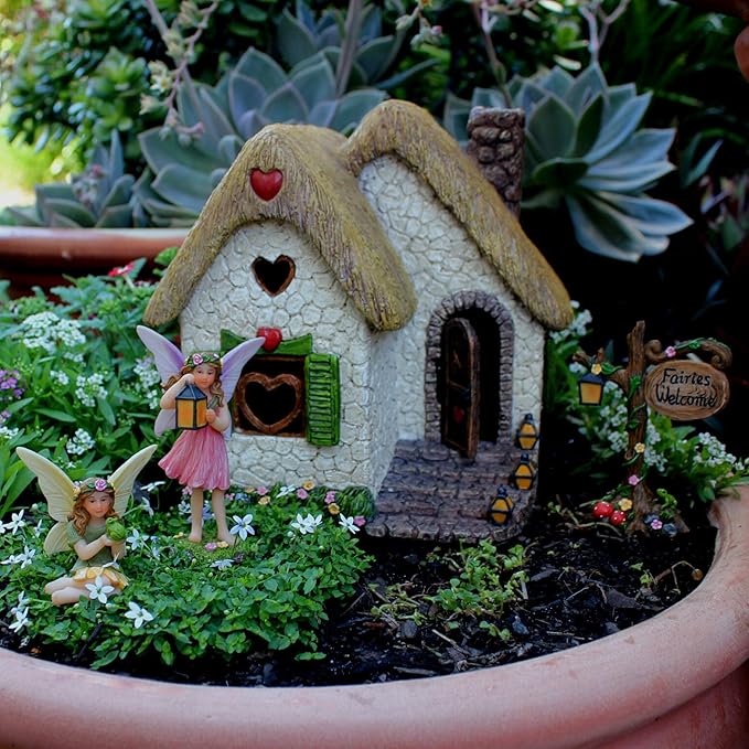 Fairy Garden House Kit – Complete with Accessories, House 7” High with Door That Opens & Fairies for Outdoor Gardens – 4 Pieces