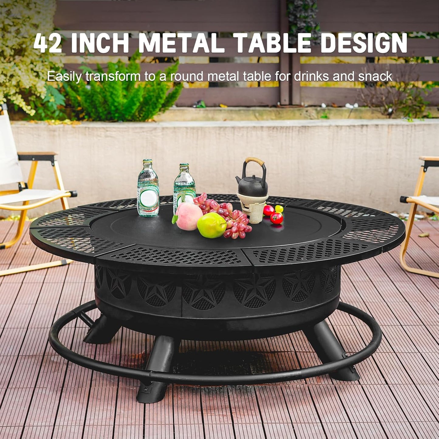 42 Inch BBQ Fire Pit with 2 Grills,3-in-1 Outdoor Round Metal Fire Pit Table with Lid,Fire Poker,Large Outdoor Wood Burning Firepits for Outside,Picnic,Bonfire Backyard Patio(Black)