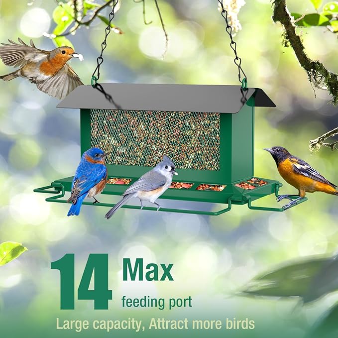 Bird Feeder for Outdoor Hanging, Large Squirrel Proof Birdfeeders w/ 14 Feeding Ports - Heavy Duty Metal Bird Feeders for Outside Hanging, 4 Lb Large Capacity Birdfeeder to Attracting Birds