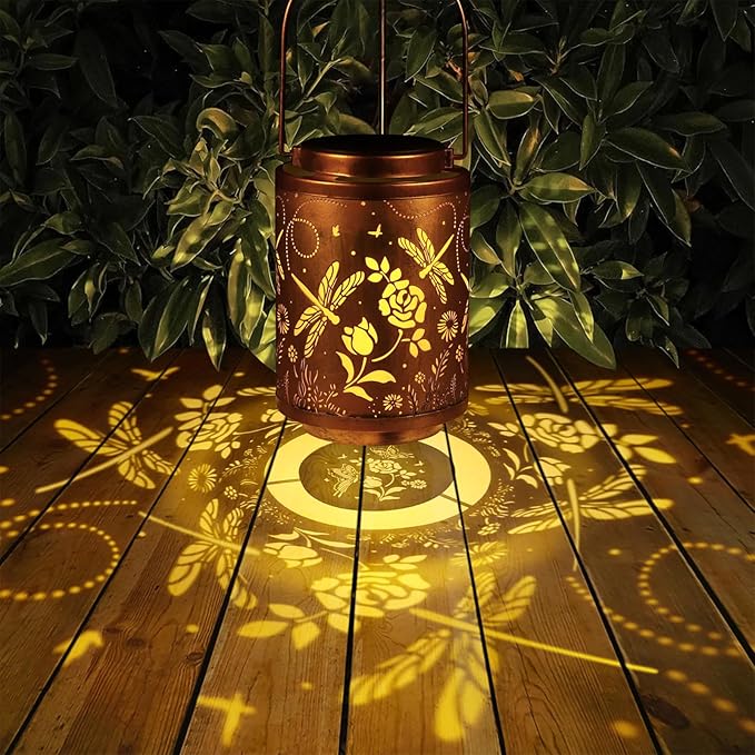 Solar Outdoor Lanterns, Dragonfly Garden Decor LED Light Hanging Waterproof Solar Metal Lantern Birthday Gifts for Women Mon Grandma Sunflower Solar Lights Outdoor Decoration for Patio Pathway Yard
